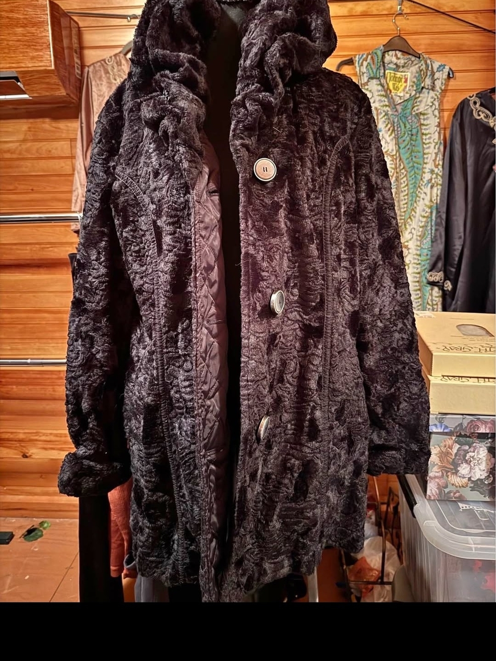 Women’s Faux Fur Button-Front Coat Reversible Black Faux Fur & Quilted Coat